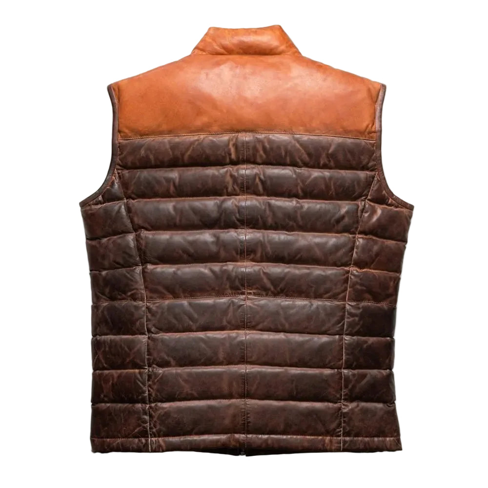 Shop the men's Tan Brown Leather Down Vest made from full-grain lambskin with 80/20 down insulation, quilted panels, zippered pockets, and a two-tone brown finish.