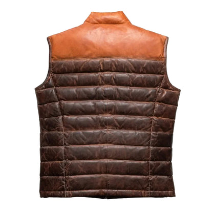 Shop the men's Tan Brown Leather Down Vest made from full-grain lambskin with 80/20 down insulation, quilted panels, zippered pockets, and a two-tone brown finish.