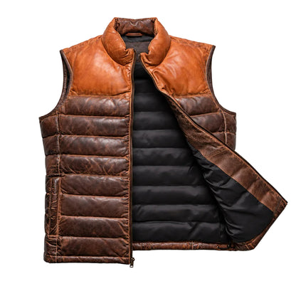Shop the men's Tan Brown Leather Down Vest made from full-grain lambskin with 80/20 down insulation, quilted panels, zippered pockets, and a two-tone brown finish.