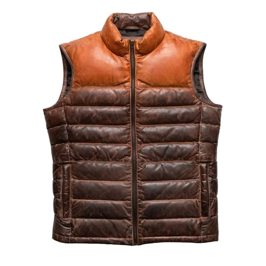 Shop the men's Tan Brown Leather Down Vest made from full-grain lambskin with 80/20 down insulation, quilted panels, zippered pockets, and a two-tone brown finish.
