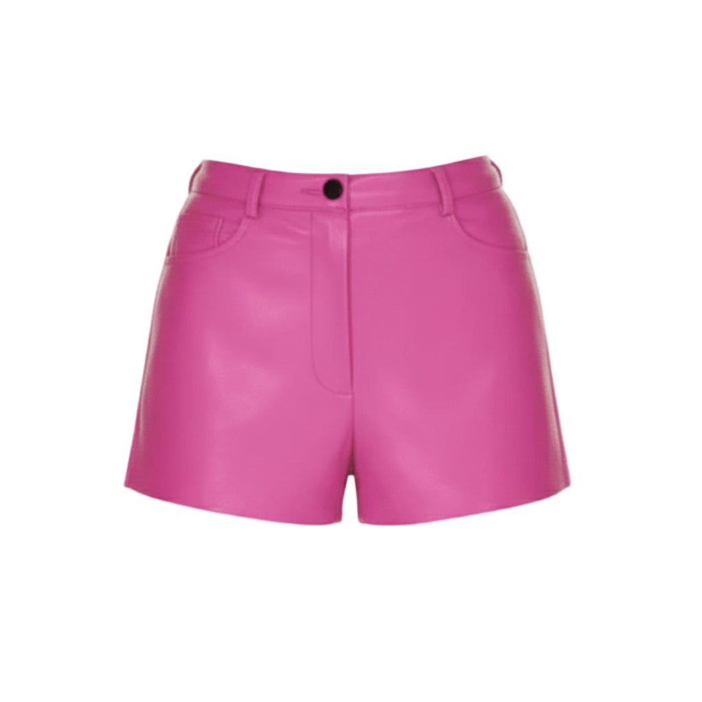 Pink leather shorts on a light gray background