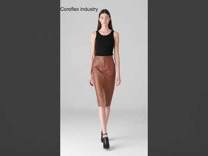 Women Brown Leather Midi Skirt