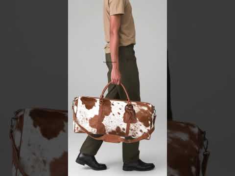 Brown and White Cowhide Leather Duffle Bag