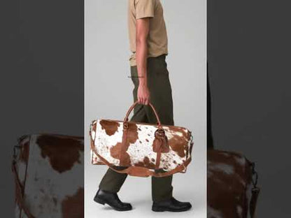 Brown and White Cowhide Leather Duffle Bag