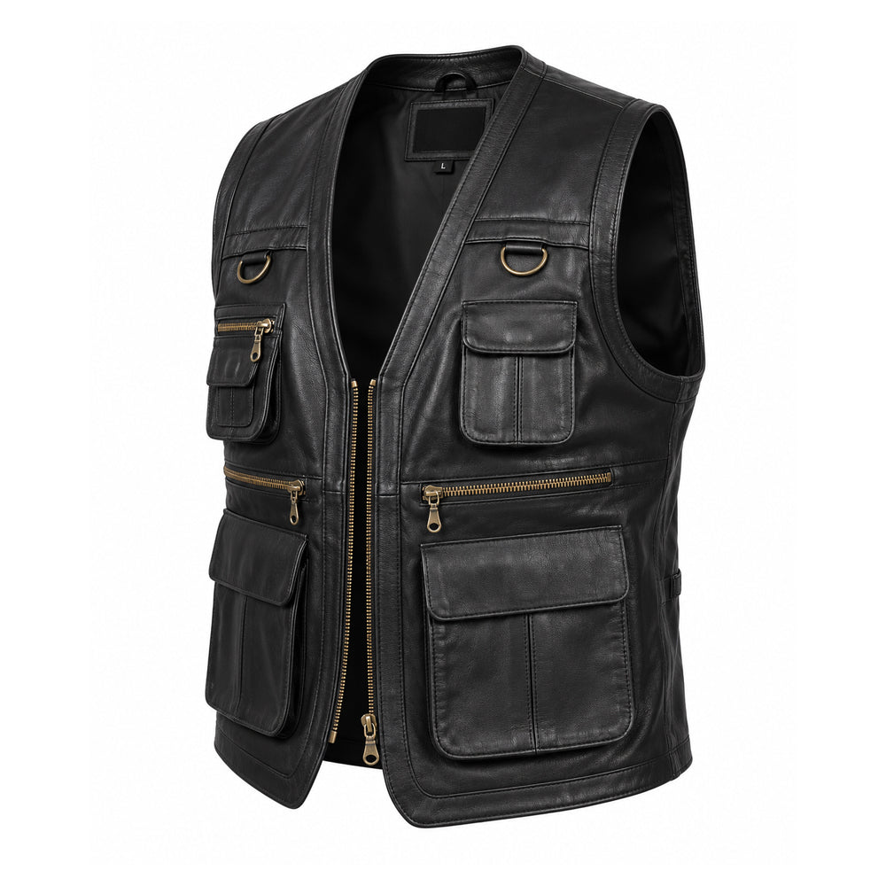 Safari brown leather vest for men made from genuine sheepskin with multiple pockets