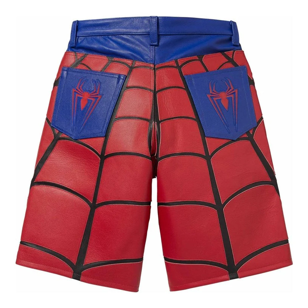 Red and blue faux leather shorts with a black spider web pattern, featuring blue back pocket accents with red spider logos, shown from the back on a white background.